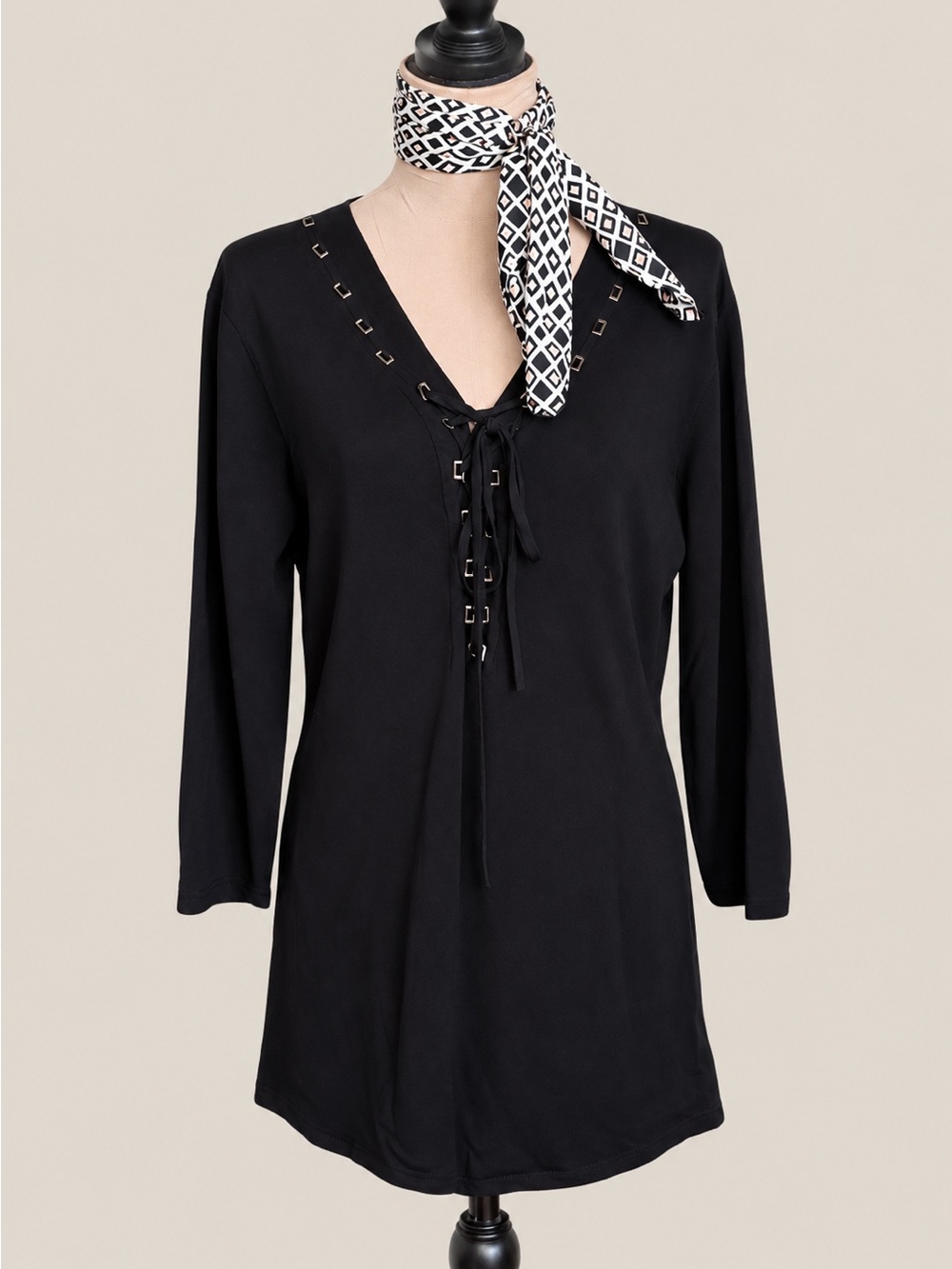 Doncaster Black Lace Up Tunic Top Boho Studded 3/4 Sleeve Large